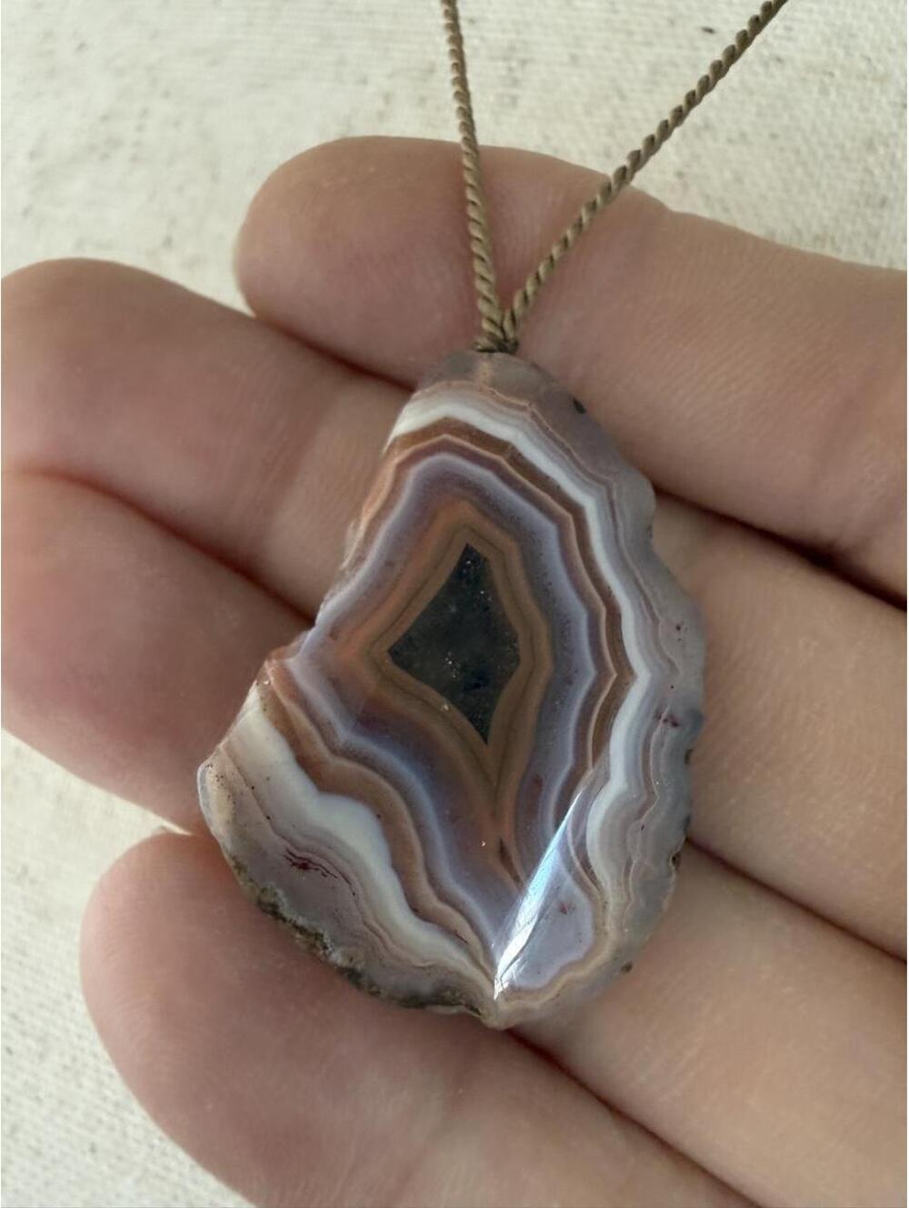 Banded Agate Druzy Slice Adjustable Silk Cord Necklace